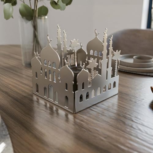 Metal Candle Holder with Masjid Motif Islamic Home Decor for Ramadan & Eid Dining Table Centerpiece Muslim Gift (Silver) - color: Silver