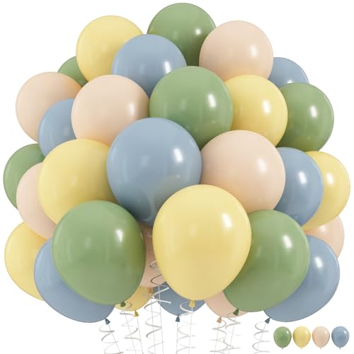 Blue and Green Balloons Sage Green Dusty Blue Yellow White Sand Balloons | 60Pcs Olive Green Slate Blue Beige Latex Balloon for Birthday Baby Shower Wild One Garden Tea Party Deocrations Supplies - color: Green Yellow Blue, size: 12 inch 60pcs
