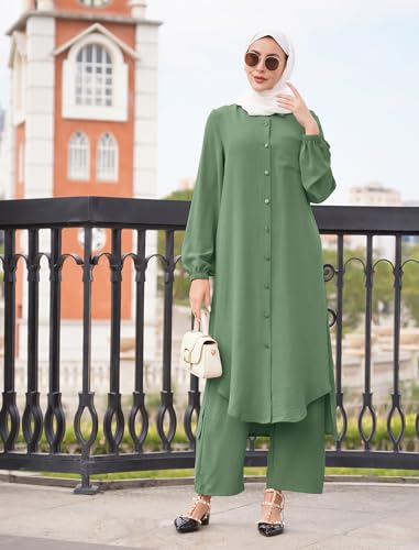 Muslim Clothes for Women 2 Piece Set Long Sleeve Button Down Shirt and Pants Ramadan Abaya Dress Islamic Dubai Outfits - color: Green, size: 3X-Large