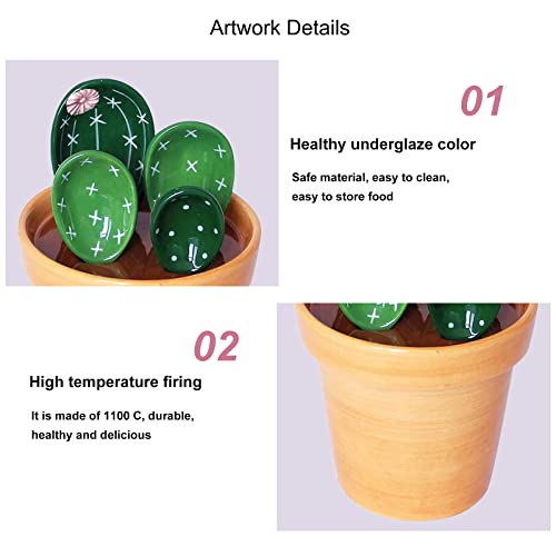 5 Pieces Measuring Spoons Set/Ceramics Spoons and Measuring Base Cup/for Dry and Liquid Ingredient, Cute Cactus Shape (Solid color base) - color: Solid color base