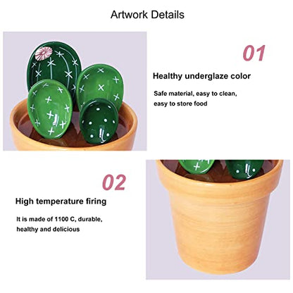5 Pieces Measuring Spoons Set/Ceramics Spoons and Measuring Base Cup/for Dry and Liquid Ingredient, Cute Cactus Shape (Solid color base) - color: Solid color base