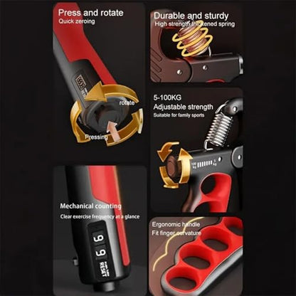 Auto-Count Grip Strengthener with Display, 5-100KG Adjustable Resistance, Red Forearm Trainer for Strength Building