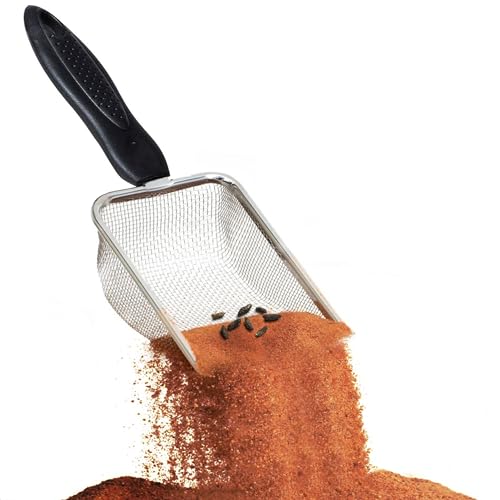 SunGrow Reptile Sand Scoop, Stainless Steel Sifter for Lizard, Gecko & Snake Habitat, Substrate Scoop, Non-Slip Handle, Fine Mesh Scooper for Clumping Sand – Not Suitable for Pellet or Crystal Litter