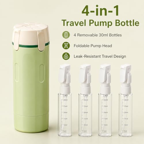 4-in-1 Detachable Travel Dispenser Bottles Set Foldable Pump Leak-Proof, Carry-On Compliant 30ml/1OZ Refillable Containers for Shampoo Lotion Body Wash with Protective Case - color: Green