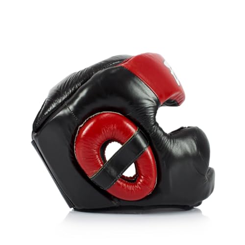 Fairtex Full Head Guard, Muay Thai MMA Sparring Helmet Protective Headgear | Handcrafted 3-layer padding shell. Lightweight sleek construction shields against elbows during high-intensity ring session - color: HG13 Full Head-Black/Red, size: X-Large