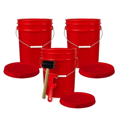 5 Gallon Bucket w/Lid, Food Grade BPA-Free, 3 Pack, Red | Airtight Lid, Mallet and Lid Opener Included, Heavy-Duty 90 Mil HDPE Plastic, Food-Safe Durable Container, Made in USA - color: Red, size: 3 Packs