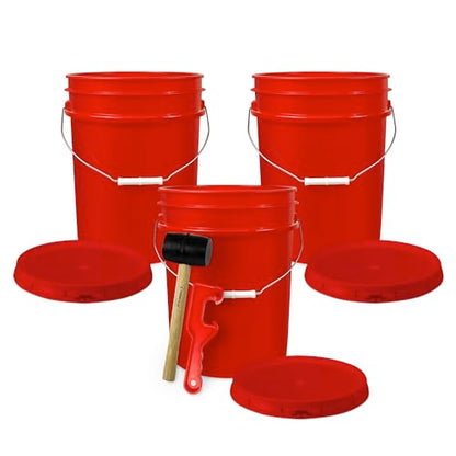 5 Gallon Bucket w/Lid, Food Grade BPA-Free, 3 Pack, Red | Airtight Lid, Mallet and Lid Opener Included, Heavy-Duty 90 Mil HDPE Plastic, Food-Safe Durable Container, Made in USA - color: Red, size: 3 Packs