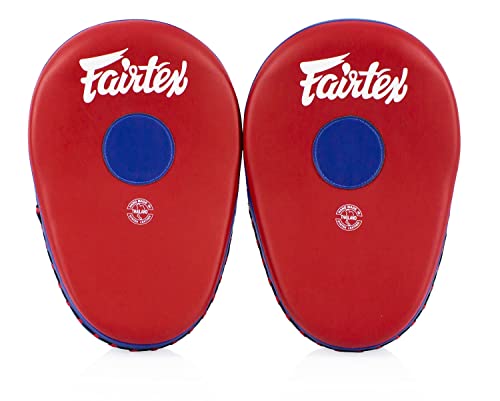 Fairtex FMV13 Maximized Focus Mitts, Muay Thai Kickboxing MMA Punching Pads | Premium Syntek leather shell with multi-layer foam. Curved shape with hook-and-loop wrist strap absorbs trainer strike impact - color: Red/Blue