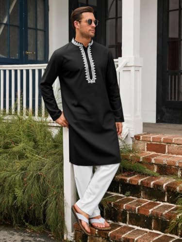 Runcati Mens Kaftan Thobe Cotton Henley Shirt Long Sleeve Embroidery Robe Casual Kurta Muslim Gown Shirt - color: Black, size: Medium