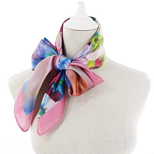 100% Mulberry Silk Scarf-Printed or Solid Color 35” Square Large Silk Hair Head Wrap Scarf With Gift Box Package - color: E Pattern: Aesthetic Butterfly Orchid