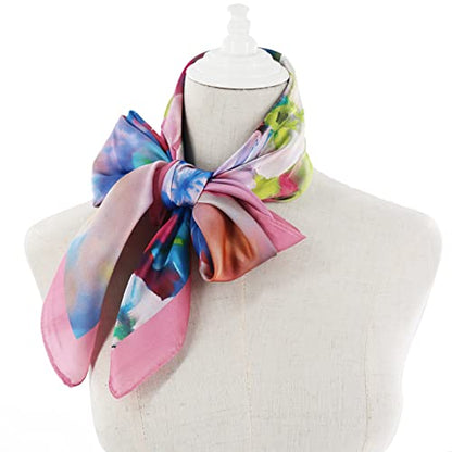 100% Mulberry Silk Scarf-Printed or Solid Color 35” Square Large Silk Hair Head Wrap Scarf With Gift Box Package - color: E Pattern: Aesthetic Butterfly Orchid