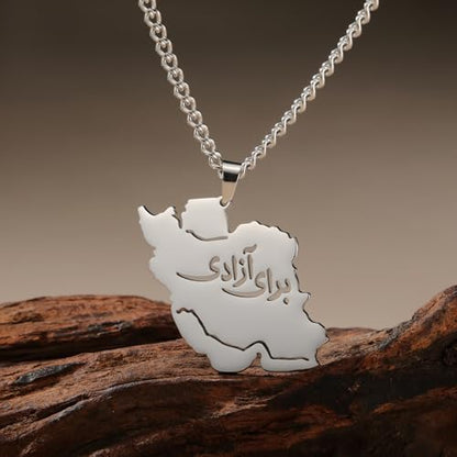 LIKGREAT Iran Map Necklace with Persian Calligraphy Stainless Steel Iranian Cultural Farsi Script Pendant Necklace Patriotic Peace Jewelry - color: 2-sliver