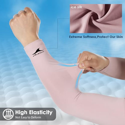 Achiou Cooling Ice Silk Arm Sleeves, Summer UV Sun Protection Compression Sleeves UPF 50+ for Women Volleyball Youth Sports - color: 2 Pairs: 1pair Black,1 Pair Pink