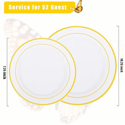 Supernal 102pcs White and Gold Plastic Plates,Disaposable Plates Heavy duty,Fancy Gold Plastic Dinnerware Set included 51 Dinner & Dessert Plates for Valentine's Day Mother's Day and Easter - color: 102pcs White and Gold Plastic Plates