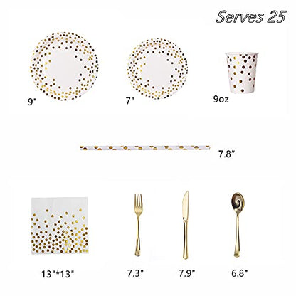 200Pcs Gold Party Supplies - Gold Paper Plates & Napkins Cups Silverware Serves 25 Sets for Wedding Bridal Shower Engagement Birthday Parties (Gold dot) - color: Gold dot