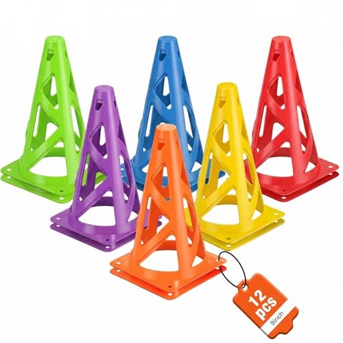 12 Pack Soccer Cones, 9 Inch Agility Cones for Soccer, Football, Basketball, Cones for Sports Training, Speed & Agility Drills, Field Marking Equipment - color: colors