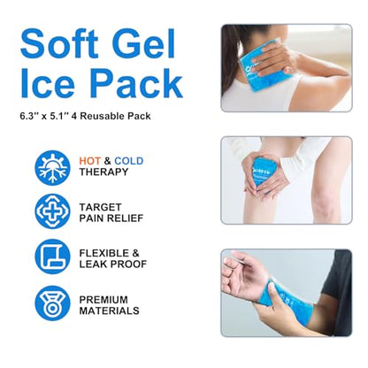 Reusable Gel Ice Packs (4 Pack) - Hot Cold Pack for Injuries, Pain Relief, Migraines - Gel Ice Pack Cold Compress for Back, Neck, Foot and Wrist - Flexible Cold Packs for Injuries - 5.1" x 6.5" - style: 5.1" x 6.5" 4 packs