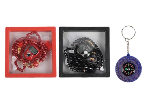 Islamic Tasbih Prayer Beads & Digital Tasbeeh Counter Set, 2 Pieces Elegant Beads with LCD Finger Counter, Elegant Islamic Gift for Dhikr Meditation Ramadan & Eid (Black, Red)