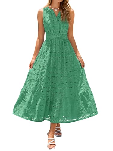 Simplee Women Summer Sleeveless Eyelet Maxi Dress 2026 Lace Casual V Neck A Line Boho Flowy Beach Wedding Guest Long Dresses - color: Green, size: Small