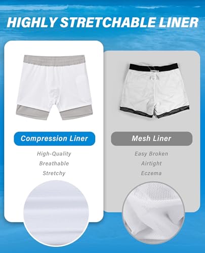Gleeease 5 Inch Mens Swim Trunks with Compression Liner Men's Bathing Suit | Mens Swim Shorts 4 Pockets Quick Dry 2 in 1 Water Resistant Solid Stretch Breathable Surfing Beach Elastic Waistband Swimsuit - color: Light Grey, size: Small