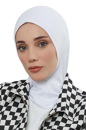 Aisha's Design Instant Turban 95% Cotton Head Scarf Headwear Combed Cotton Ninja Cap, Slip on Jersey Hijab - color: White