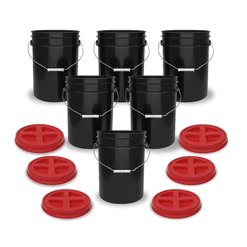 5 Gallon Bucket - Food Grade w/Lid BPA-Free, Black/Red, 6 | Airtight Gamma Seal Screw-On Lid, Heavy-Duty 90 Mil HDPE Plastic, Food Safe and Durable Container, Bulk Storage, Made in USA - color: Black/Red, size: 6 Packs