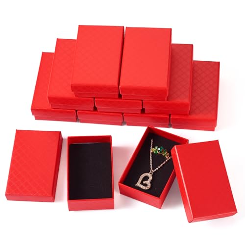 12 pcs Jewelry Wrapping Boxes Cardboard Necklace Earring Ring Boxes 3.1x2x1 Inches Red Paper Rectangle Rhombus Print Sponge Filled Boxes for Valentine Key Chain DIY Women Bracelets Wedding - color: Red