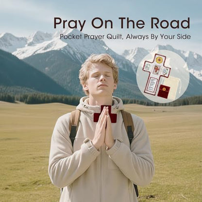 Onism Pocket Prayer Quilt with Cross, 3 Pack, Dark Red Stone Cross | Handcrafted handheld shrine, soft velvet backing, Spanish scripture inside, baptism keepsake for women, travel altar - color: 3pcs Red+stone–small (No Pocket)