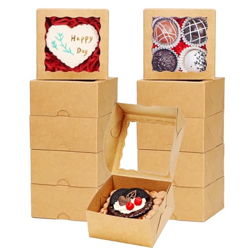 50 Pack Cookie Boxes with Window 4x4x2 Inch,Bakery Boxes, Chocolates Strawberries,Treat Boxes, Mini Cake Boxes, Pastry Dessert Boxes for Candy, Cupcakes- Brown Paper - color: Brown
