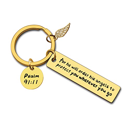 Dabihu Christian Keychain Gift for Women Men Religious Jewelry First Communion Gifts Baptism Gifts Bible Verse Keychain - color: For He Will Order His Angels to Protect You Wherever You Go Gold Keychain