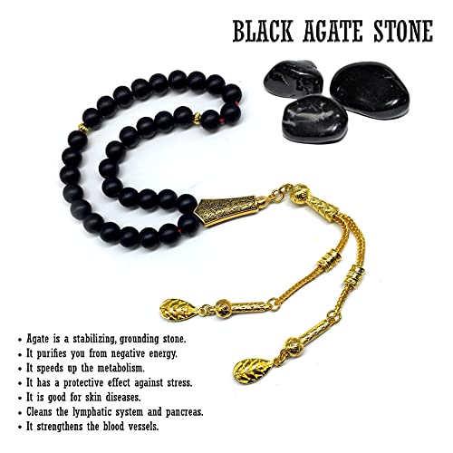 Black Agate Stone Prayer Beads and Bracelet - Worry Beads - Tesbih - Tasbih - Tasbeeh - Misbaha - Masbaha - Subha - Sebha - Rosary (Black Agate Stone/Gold Tassel) - color: Black Agate Stone Prayer Beads and Bracelet
