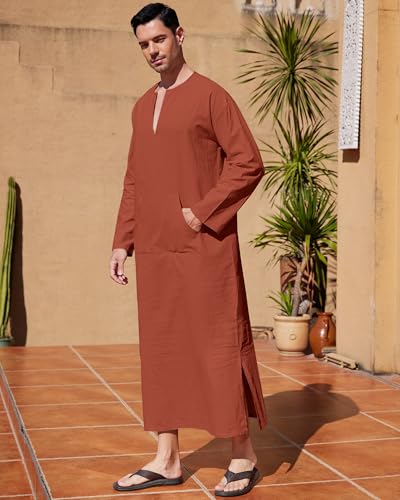 YAOHUOLE Men's Kaftan Thobe Long Sleeve Men Thobe Robe Side Split Men Thobe with Pockets Casual Thobe - color: Brick Red-long Sleeve, size: 3X-Large