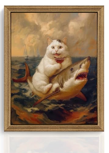 ICHZUMW Framed Funny White Cat Riding Shark Ocean Canvas Wall Art 8x10 In - color: White Shark Rider, size: 10"L x 8"W