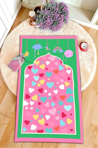 Educational Kids Prayer Mat, Rectangular, Multicolor, 30 x 47 inches, Cotton, Tufted, Low Pile, Handmade, Cotton Back, Islamic Rug with Non-Slip Base