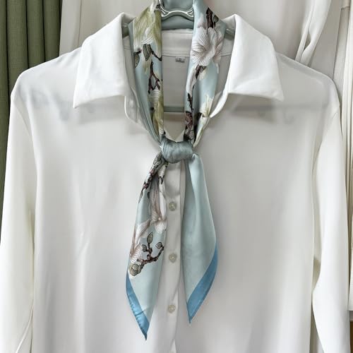 FONYVE Silk Feeling Scarf Medium Square Satin Head Scarf for Women 27.5 × 27.5 inches - color: 03 Green Floral