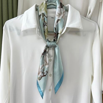 FONYVE Silk Feeling Scarf Medium Square Satin Head Scarf for Women 27.5 × 27.5 inches - color: 03 Green Floral