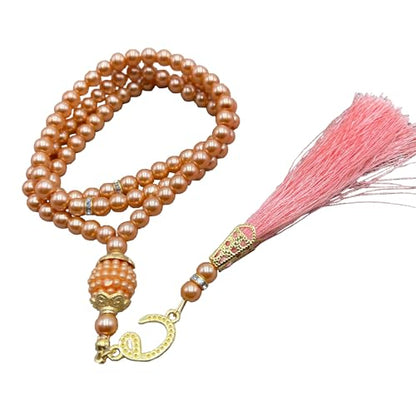 Tasbih Muslim Prayer Praise Beads, 6mm 99 Beads Glass Pearl Muslim Rosary Bracelet with Tassel, Natural Bead Pearls Tassel Pendant, Men Women Meditation Jewelry (Champagne) - color: Champagne