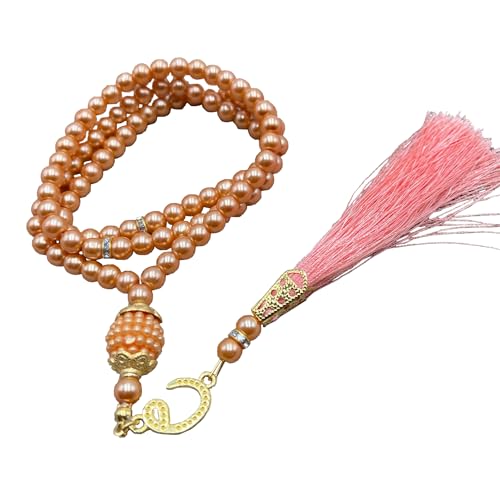 Tasbih Muslim Prayer Praise Beads, 6mm 99 Beads Glass Pearl Muslim Rosary Bracelet with Tassel, Natural Bead Pearls Tassel Pendant, Men Women Meditation Jewelry (Champagne) - color: Champagne
