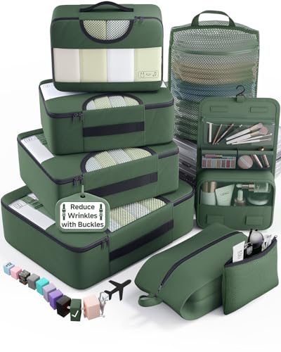 Veken 8 Set Packing Cubes for Travel Essentials,Anti-Wrinkle Buckled Suitcase Organizer for Shoe & Toiletry Bag,Carry On Luggage Bag with 99+ Count Mesh Holes for Airplane & College Dorm Accessories - color: 07 Jungle Green