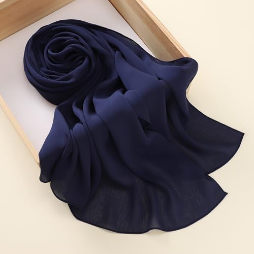 Premium Long Crinkle Chiffon Hijab Scarf for Women, Very Soft Muslim Head Scarfs - color: Navy Blue