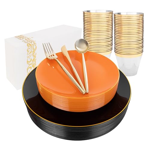 MirthMood 210PCS black and orange Plastic Plates,Black Disposable Plates - color: Black and Orange, size: 210