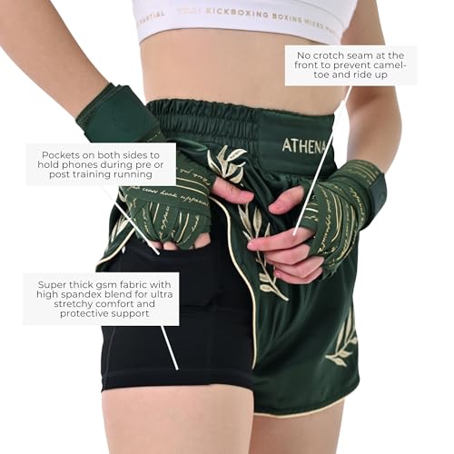 Women's Green & Gold Muay Thai MMA Shorts Athena with Built-in Safety Compression Tights. Muay Thai Kickboxing Training - size: X-Large