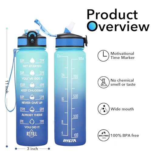 Hyeta Water Bottle with Straw & Time Marker, Plastic 32oz Leakproof | Motivational Tritan BPA Free Gym Office Outdoor Intake Tracker Hourly Reminder Straw Lid Carry Strap - color: Green-Blue