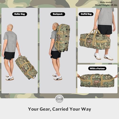 STOVER 45/80/100L Rolling Duffel Bag with Wheels, X-Large Durable Travel Duffle + Toiletry Bag, Heavy Duty, Packable with Shoulder Straps- Use as Luggage or Backpack (Camouflage) - color: Camouflage