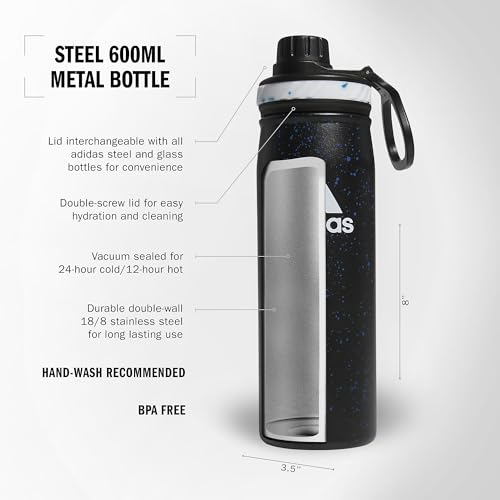 adidas Stainless Steel Metal Water Bottle 20 oz (600 mL) Screw Cap - color: Black/Bright Royal Blue/White