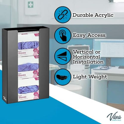 AdirMed VivaEssentials Triple Glove Box Holder, Wall Mount or Free Standing Black Acrylic Glove Holder - color: Black, style: Triple Box Capacity