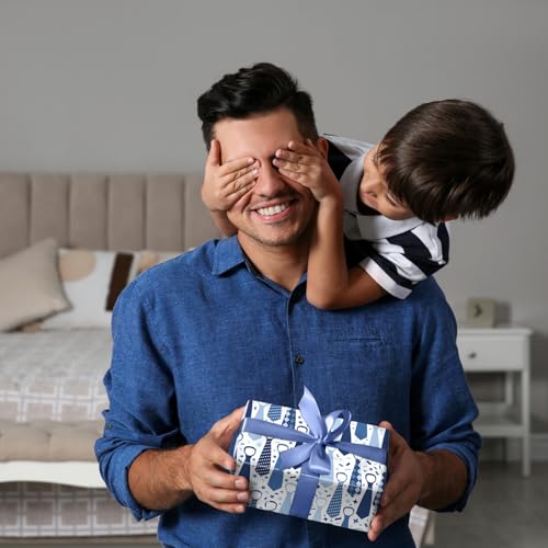 Cuitpan Father's Day Wrapping Paper - Blue Gift Wrap for Men With Happy Father's Day,Suit, tie, Hat, Mustache and Plaid Design - 20×29 Inches, 8 Folded Sheets Easy to Store - color: Blue-Father's Day