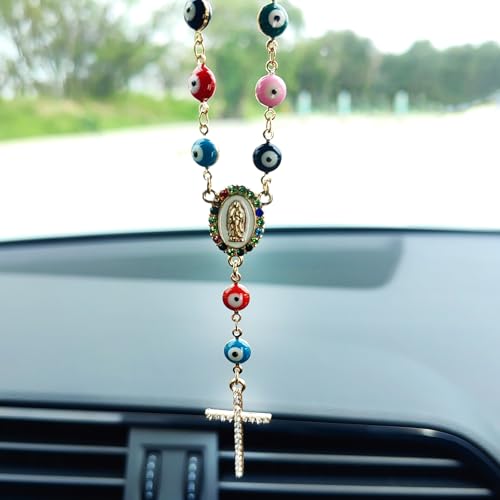 Evil Eye Rear View Mirror Accessories, Bling Cross Car Mirror Hanging Accessories Evil Blue Eye Car Decor, Hanging Ornament for Protection & Blessing - color: Colorful