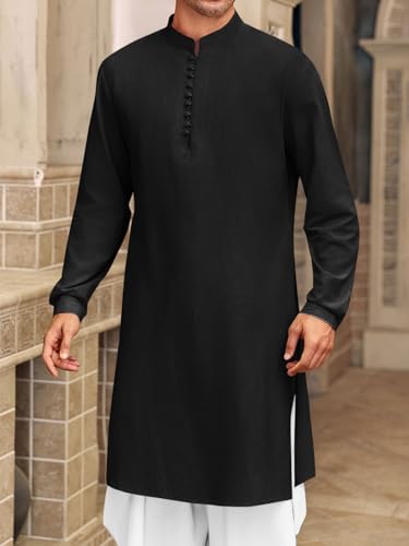 Runcati Mens Kaftan Thobe Button Down Henley Shirts Robe Long Sleeve Casual Cotton Linen Muslim Gown Shirt - color: Black, size: X-Large