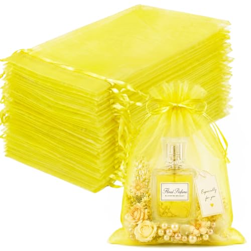 FUNFERY 100PCS Lemon Yellow Organza Gift Bags 4x6in,Drawstring Pouch - color: Lemon Yellow-4"x6"